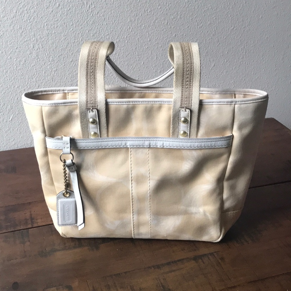 Coach sateen white and tan tote!